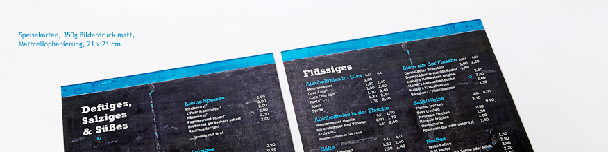 Quadratische Speisekarten auf 350g Bilderdruck matt, Mattcellophanierung
