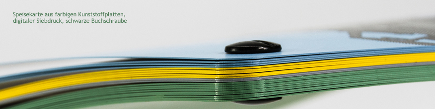 Speisekarte aus farbigem Kunststoff mit Buchschraubenbindung