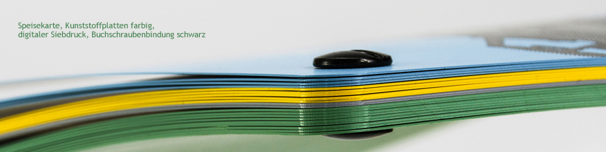 Speisekarte aus Kunststoff, Buchschraubenbindung, digitaler Siebdruck