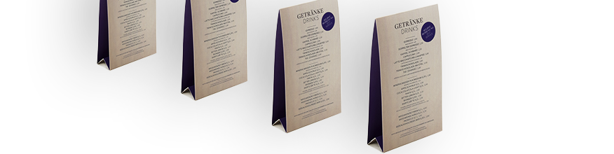 Tischaufsteller Karton, cellophaniert, Digitaldruck