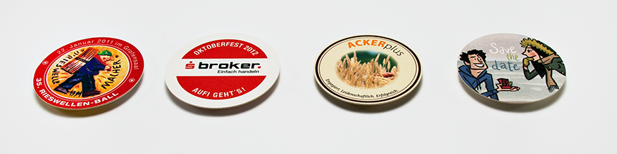Bierdeckel rund, vier verschiedene Motive