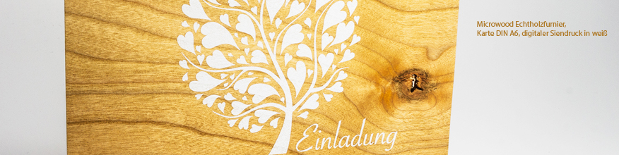 Echtes Holzfurnier als Postkarte, digitaler Siebdruck